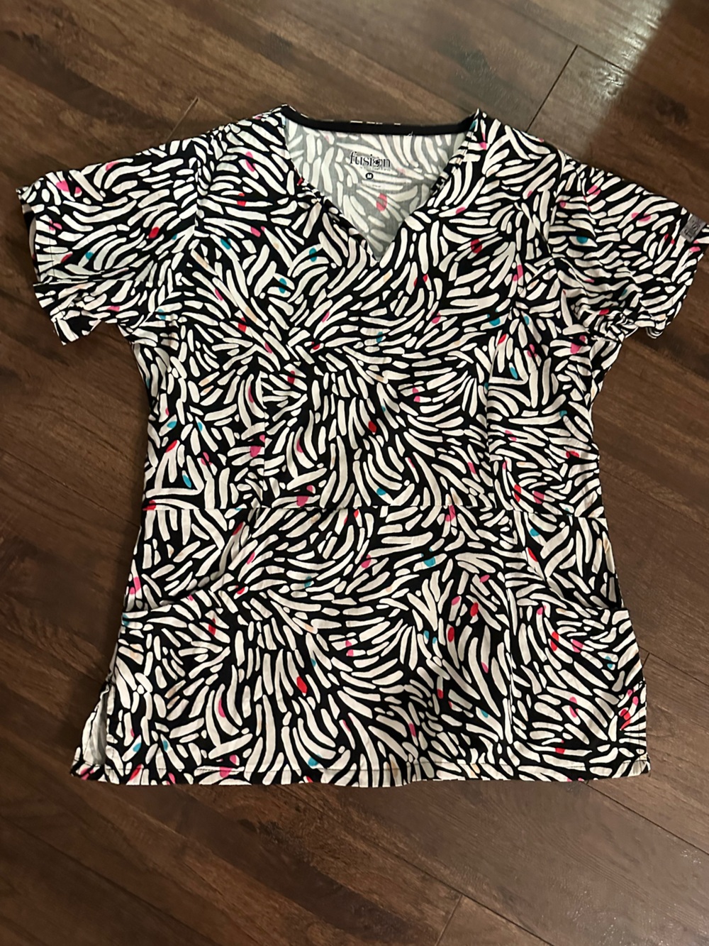 Fusion scrub Top Black & White Printed V-Neck Top with Pink & Teal Accents
